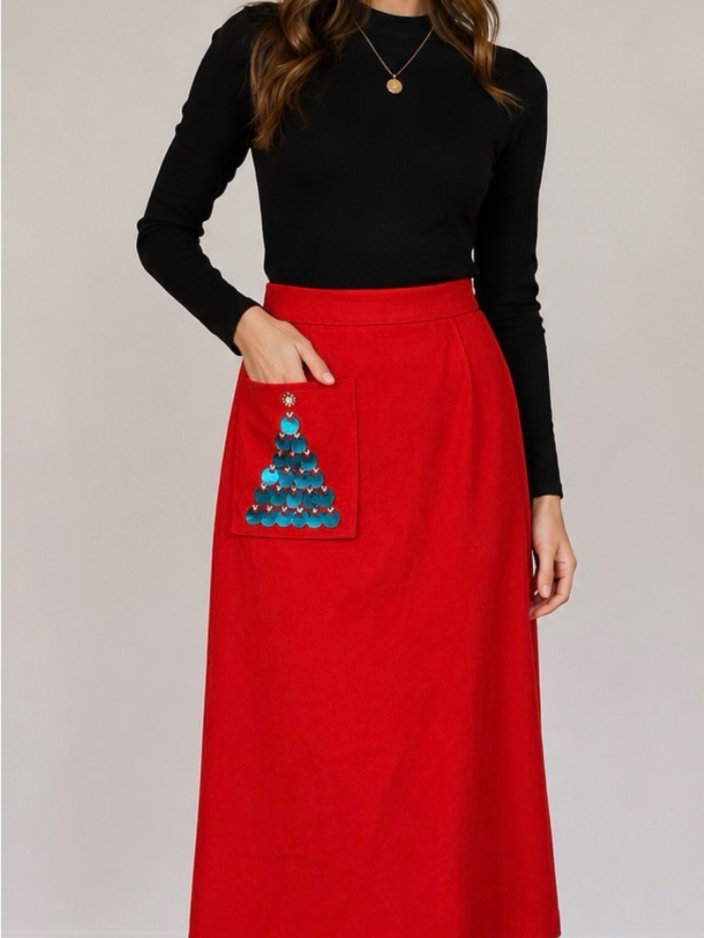 Vintage Clarissa Red Christmas Tree Sequin Novelty Midi Skirt Holiday Festive